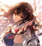  1girl 888myrrh888 akagi_(kancolle) brown_eyes brown_hair closed_mouth eyebrows_visible_through_hair hair_between_eyes highres japanese_clothes kantai_collection lips long_hair muneate short_sleeves smile solo tasuki twitter_username upper_body yumi_(bow) 