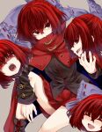  1girl bangs black_shirt blue_bow blush bow breasts buckle cape cloak closed_eyes covered_mouth eyebrows_visible_through_hair hair_bow happy large_bow long_sleeves looking_at_viewer miniskirt red_cloak red_eyes red_hair red_skirt ribbon-trimmed_bow sekibanki sharp_teeth shirt short_hair simple_background skirt small_breasts solo teeth thighs touhou youkai zetsumame 