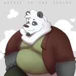  2022 anthro belly big_belly black_body black_nose blush breeze_in_the_clouds clothing cumuli_(breeze_in_the_clouds) giant_panda hi_res humanoid_hands male mammal overweight overweight_male phloffee shirt solo topwear ursid white_body 