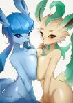  2022 absurd_res anthro blush breast_squish breasts breasts_frottage digital_media_(artwork) duo edit eeveelution female glaceon hi_res leafeon looking_at_viewer momikacha nintendo nude open_mouth pok&eacute;mon pok&eacute;mon_(species) simple_background squish video_games white_background 