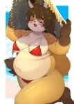  absurd_res akitaka anthro beach bikini blush border breasts brown_body brown_fur brown_hair canid canine clothed clothing day eyebrows eyes_closed feet female fingers fur hair hat headgear headwear hi_res kemono long_hair mammal multicolored_body multicolored_fur navel open_mouth outside overweight overweight_anthro overweight_female pawpads seaside solo standing swimwear thick_thighs toes water white_body white_border white_fur 