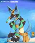  anthro blue_body blue_fur blush breasts canid canine female fur hi_res looking_at_viewer lucario mammal meltgar nintendo pok&eacute;mon pok&eacute;mon_(species) pokemon_unite red_eyes ruins_style_lucario solo spikes video_games 