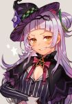  1girl bangs blunt_bangs blush breasts capelet eyebrows hat hololive hungry_clicker long_hair murasaki_shion silver_hair small_breasts smile solo virtual_youtuber witch_hat yellow_eyes 
