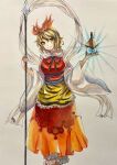  1girl animal_print blonde_hair bow facing_viewer ghmfly8_(mitou) hair_ornament highres holding holding_weapon pagoda polearm smile spear tiger_print toramaru_shou touhou traditional_media weapon yellow_eyes 