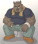  2022 anthro bottomwear brown_body clothing goyemon_k hi_res humanoid_hands kemono male mammal overweight overweight_male pants shirt simple_background sitting solo suid suina sus_(pig) topwear towel towel_around_neck wild_boar 