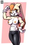  abs anthro big_breasts bottomwear breasts buckteeth clothed clothing female flexing fours_(artist) hand_on_hip hi_res huge_breasts lagomorph leporid looking_at_viewer mammal muscular muscular_female one_eye_closed open_mouth open_smile pants rabbit sega simple_background smile solo sonic_the_hedgehog_(series) teeth topless vanilla_the_rabbit wink 
