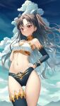  1girl absurdres armlet bangs bikini black_hair black_legwear blue_sky bracelet breasts detached_sleeves earrings fate/grand_order fate_(series) gold_trim hair_ribbon highres hoop_earrings ishtar_(fate) jewelry long_hair looking_at_viewer medium_breasts mismatched_bikini neck_ring parted_bangs pul_(gks569) red_eyes ribbon single_detached_sleeve single_thighhigh sky smile solo swimsuit thighhighs thighlet thighs tiara two_side_up 