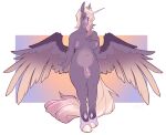  anthro areola biped black_eyebrows blue_eyes equid equine eyebrows eyelashes feathers flaccid foreskin front_view fur genitals glans gradient_feathers gradient_hair gradient_tail gradient_wings grey_body grey_breasts grey_ears grey_feathers grey_fur grey_wings gynomorph hair hand_on_chest hi_res hooves horn humanoid_genitalia humanoid_penis intersex mammal nipples penis pink_areola pink_hair pink_horn pink_nipples pink_tail pupbii sharp_horn signature smile solo tan_body tan_feathers tan_hair tan_tail tan_wings unicorn wings 
