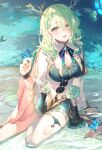  1girl bangs braid branch breasts ceres_fauna cleavage frilled_skirt frills green_hair highres hololive hololive_english horns in_water large_breasts leaf looking_at_viewer loose_clothes open_mouth sitting skirt smile toosaka_asagi water wavy_hair yellow_eyes 