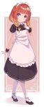  1girl absurdres alternate_costume apron black_dress black_footwear blush braid closed_mouth dress enmaided etorofu_(kancolle) eyebrows_visible_through_hair full_body gloves highres kantai_collection long_hair maid maid_apron maid_headdress pantyhose purple_eyes red_hair shoes solo twin_braids uut white_apron white_gloves white_legwear 