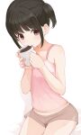  1girl :&gt; bangs belly black_hair blush brown_eyes brown_shorts child coffee_mug collarbone cup drinking eyebrows_visible_through_hair flat_chest highres hiroki_(yyqw7151) holding holding_cup looking_at_viewer mug original pink_tank_top short_hair short_shorts short_twintails shorts sitting tank_top thighs twintails white_background 