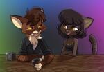  alcoholic_drink anthro black_body black_fur black_hair brown_body brown_fur brown_hair clothing detailed_background dialogue domestic_cat duo english_text felid feline felis female fur glass hair leigh_madigan_(siroc) long_tail male mammal short_hair siroc siroc_(character) text textless viverrid 