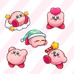  5boys blue_eyes blush_stickers cloud commentary english_commentary full_body hat highres holding hylianruto jumping kirby kirby:_right_back_at_ya kirby_(series) lying multiple_boys nintendo no_humans on_stomach open_mouth running simple_background sitting sleeping smile standing star_(symbol) 