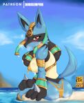  anthro blue_body blue_fur blush breasts butt canid canine female fur hi_res looking_at_viewer lucario mammal meltgar nintendo pok&eacute;mon pok&eacute;mon_(species) pokemon_unite red_eyes ruins_style_lucario solo spikes video_games 