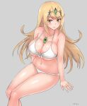  1girl angoha bangs bikini blonde_hair breasts cleavage closed_mouth grey_background highres invisible_chair long_hair looking_at_viewer mythra_(xenoblade) navel simple_background sitting smile solo swimsuit white_bikini xenoblade_chronicles_(series) xenoblade_chronicles_2 yellow_eyes 