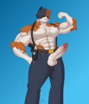  2022 :3 abs absurd_res alternate_version_at_source anthro balls bara_av belt big_muscles blue_background bodily_fluids bottomwear calico_cat clothed clothing domestic_cat epic_games erection felid feline felis flexing fortnite genital_fluids genitals glans gun hi_res holster humanoid_genitalia humanoid_penis male mammal meowscles_(fortnite) mottled muscular muscular_anthro muscular_male pants pecs penis penis_through_fly piebald poking_out precum ranged_weapon simple_background smile solo standing suspenders topless vein veiny_penis video_games weapon 