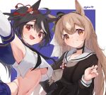  2girls :d absurdres amatsukaze_(kancolle) amatsukaze_(kancolle)_(cosplay) animal_ears arm_up armpits black_choker black_hairband black_neckerchief black_shirt blue_background breasts brown_eyes brown_hair brown_nails choker cosplay crop_top detached_sleeves ear_ornament grin hair_ribbon hairband highres horse_ears impossible_clothes impossible_shirt kitasan_black_(umamusume) large_breasts long_hair long_sleeves looking_at_viewer medium_breasts multicolored_hair multiple_girls navel neckerchief noor7 one_side_up parted_lips red_eyes red_ribbon ribbon sailor_collar satono_diamond_(umamusume) shimakaze_(kancolle) shimakaze_(kancolle)_(cosplay) shirt short_hair smile stomach streaked_hair thong twitter_username two-tone_background two-tone_hair umamusume underboob upper_body upshirt very_long_hair white_background white_hair white_sailor_collar 