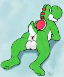  anthro anus balls butt feet genitals green_yoshi looking_at_viewer looking_back lying male mario_bros nintendo on_front presenting presenting_anus presenting_hindquarters reptile salamandr scalie solo video_games yoshi yoshi_(character) 