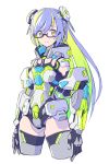  1girl android arms_at_sides blue_hair breasts colored_inner_hair commentary_request degarashi_(ponkotsu) eyebrows_visible_through_hair green_hair joints long_hair looking_at_viewer multicolored_hair original robot_joints semi-rimless_eyewear small_breasts smile solo two-tone_hair under-rim_eyewear white_background yellow_eyes 