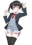  1girl \m/ bangs black_hair black_jacket black_legwear blazer blue_vest collared_shirt double_\m/ gradient_hair green_eyes green_hair grey_skirt grin highres jacket long_sleeves looking_at_viewer love_live! love_live!_nijigasaki_high_school_idol_club medium_hair miniskirt multicolored_hair neck_ribbon nico_nico_nii nijigasaki_academy_school_uniform one_eye_closed open_clothes open_jacket plaid plaid_skirt pleated_skirt red_ribbon ribbon school_uniform shirt simple_background skirt smile solo sweater_vest takasaki_yuu teeth thighhighs twintails two-tone_hair vest white_background white_shirt zero-theme 