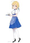  1girl alternate_costume apron blonde_hair blouse blue_apron blue_bow blue_bowtie blue_eyes bow bowtie commentary_request cup employee_uniform full_body gingham_apron glasses high-waist_skirt i-8_(kancolle) kantai_collection kobeya_uniform long_hair looking_at_viewer low_twintails one-hour_drawing_challenge pantyhose plaid plaid_apron pleated_shirt simple_background skirt solo tray twintails uniform waitress white_background white_blouse white_legwear yamashichi_(mtseven) 
