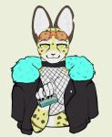  anthro clothing eyewear felid feline fishnet glasses hi_res jacket kuttzawarie looking_at_viewer male mammal serval solo topwear 