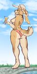  anthro bikini biped black_nose butt canid canine canis cheek_tuft clothing cloud domestic_dog elbow_tufts eyes_closed facial_tuft female fur gloves_(marking) grass hi_res holding_glass holding_object mammal markings neck_tuft outside plant pupbii rear_view ribbons signature solo standing sun_hat swimwear tan_body tan_breasts tan_fur tan_tail tuft water 