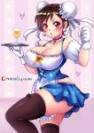  1girl apron artist_name ass bell black_legwear blue_choker blue_skirt blush bow breasts brown_eyes brown_hair bustier choker chun-li cleavage clenched_hand collarbone cowboy_shot detached_sleeves double_bun earrings english_commentary forehead gloves hair_between_eyes hair_ornament heart holding jewelry jingle_bell large_breasts maid_apron maid_headdress parted_lips pearl_earrings pink_background shiny shiny_clothes shiny_hair shiny_skin short_hair skirt solo street_fighter sugarbell thighhighs thighs v-shaped_eyebrows white_gloves yellow_bow 