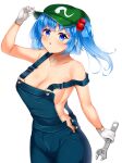 1girl arm_up bangs bare_arms bare_shoulders blue_eyes blue_hair blush breasts cabbie_hat collarbone commentary_request cowboy_shot daichi_(tokoya) eyebrows_visible_through_hair gloves green_headwear hair_bobbles hair_ornament hat highres holding holding_wrench kawashiro_nitori large_breasts long_hair looking_at_viewer parted_lips solo standing strap_slip touhou two_side_up white_gloves wrench 
