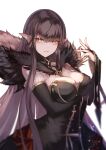  1girl absurdres bangs bare_shoulders black_dress blush breasts bridal_gauntlets brown_hair cleavage dress fate/apocrypha fate_(series) fur_trim gold_trim grin highres large_breasts long_hair looking_at_viewer pointy_ears semiramis_(fate) sidelocks slit_pupils smile solo spikes ura_illust very_long_hair yellow_eyes 