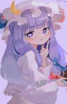  1girl absurdres bangs blue_bow blush bow comkdom crescent dress grey_background hair_bow hat highres holding light_smile long_hair long_sleeves looking_at_viewer mob_cap patchouli_knowledge purple_background purple_eyes purple_hair red_bow red_ribbon ribbon simple_background solo touhou upper_body 