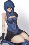  1girl absurdres bespectacled black_gloves black_skirt blue_eyes blue_footwear blue_hair blush boots breasts ciel_(tsukihime) cleavage cleavage_cutout clothing_cutout code_nt glasses gloves grey_background highres knee_boots large_breasts melty_blood powerd_ciel semi-rimless_eyewear shiny shiny_skin short_hair sitting skirt sleeveless solo thick_thighs thighs tsukihime tsukihime_(remake) under-rim_eyewear wariza 