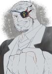  1boy balor_(housamo) bara beard clenched_hand eyepatch facial_hair flaming_eye formal grin highres looking_at_viewer male_focus mature_male multicolored_hair muscular muscular_male official_alternate_costume short_hair smile solo spot_color suit tokyo_afterschool_summoners translation_request two-tone_hair upper_body wan_(one_konta1123) 