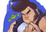  1boy anger_vein bara big_nose black_hair brawl_stars bull_(brawl_stars) character_request frown highres large_pectorals long_sideburns looking_at_viewer male_focus muscular muscular_male nose_piercing nose_ring pectorals piercing pompadour shirt short_hair sideburns slapp_(slapp_backup) solo thick_eyebrows torn_clothes torn_shirt upper_body 