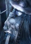  1girl absurdres blue_eyes blue_hair blue_skin breasts cape cleavage collarbone colored_skin cracked_skin elden_ring extra_arms fur_cape hat hat_ornament highres huge_breasts large_hat looking_at_viewer miniature_ranni one_eye_closed ranni_the_witch witch_hat yujieai 
