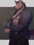  1boy abs animal_ears bara beard brown_fur brown_pants bulge chinese_commentary da_luode facial_hair formal highres large_pectorals looking_to_the_side loose_necktie male_focus mature_male muscular muscular_male necktie open_clothes open_shirt original pants pectoral_cleavage pectorals short_hair sideburns solo stomach tail thick_thighs thighs undressing wolf_boy wolf_ears wolf_tail 
