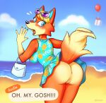  5_fingers animal_crossing anthro anus audie_(animal_crossing) beach blue_eyes blush butt canid canine canis clothed clothing dialogue dipstick_tail dress eyewear eyewear_on_head female fingers fur genitals handbag header_box hi_res kastoluza looking_back mammal markings nintendo no_underwear open_mouth orange_body orange_fur pussy raised_tail rear_view sand seaside solo standing sunglasses sunglasses_on_head surprise tail_markings tail_upskirt tan_body tan_fur upskirt video_games water wolf 