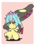  2022 2_toes ambiguous_gender ambiguous_on_top anthro black_hair blue_eyes blue_hair border carrying cute_fangs duo eating eyes_closed feet feral food gloves_(marking) grey_body grey_skin hair hair_mouth hi_res holding_object mareanie markings mawaifu mawile nintendo object_in_mouth on_head on_top open_mouth pink_background pocky pok&eacute;mon pok&eacute;mon_(species) pseudo_hair purple_body purple_skin riding sharp_teeth signature simple_background spikes spikes_(anatomy) teeth toes video_games walking white_border yellow_body yellow_sclera yellow_skin 