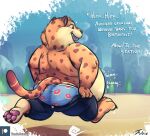  2018 3_toes anthro barefoot belly benjamin_clawhauser big_belly bottomwear butt cheetah chubby_anthro chubby_male claws clothing dialogue digestion digestion_noises disney fangs feet felid feline fur holding_bottomwear holding_clothing holding_object holding_pants looking_away male mammal open_mouth outside overweight overweight_anthro overweight_male pants patreon paws raised_tail rear_view running shirtless shirtless_male slightly_chubby soft_vore solo tanio teeth text toe_claws toes tongue underwear vore zootopia 