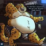  2019 anthro backstage benjamin_clawhauser bottomwear bulge burping cheetah claws clothing dialogue digestion digestion_noises disney fangs felid feline fur half-closed_eyes hand_behind_back hi_res holding_object leaning leaning_back male mammal moobs narrowed_eyes navel nipples obese obese_anthro obese_male open_mouth overweight overweight_anthro overweight_male patreon raised_tail shirtless shirtless_male shorts shorts_only soft_vore solo sparkling_clothing standing tanio teeth text toe_claws tongue vore zootopia 