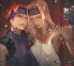  2boys armor black_gloves blonde_hair blue_eyes cup dark-skinned_male dark_skin gloves headband holding holding_cup jojo_no_kimyou_na_bouken long_hair male_focus maumaujanken multiple_boys orange_hair pauldrons shoulder_armor smile squalo striped tank_top tiziano vento_aureo vertical_stripes yellow_eyes 