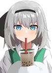  1girl absurdres bangs black_hairband blue_eyes bubble_tea_challenge drinking_straw eyebrows_visible_through_hair ghost grey_hair hairband highres konpaku_youmu konpaku_youmu_(ghost) looking_at_viewer ramiki short_hair simple_background solo touhou upper_body white_background 