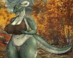  absurd_res anthro argonian bethesda_softworks big_breasts bodily_fluids breasts cleavage clothed clothing colored coolmaster98 curvy_figure female hi_res holding_breast horn looking_at_viewer navel nipple_outline outside scalie skimpy solo standing sweat the_elder_scrolls thick_thighs video_games voluptuous wide_hips 