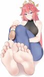  1girl bare_shoulders barefoot blush breasts denim feet foot_focus genshin_impact highres horns jewelry knees_up long_hair nail_polish pants purple_eyes simple_background sitting sleeveless soles solo toe_ring toes wd_(1106592840) white_background yae_miko 