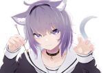  1girl :3 absurdres animal_ears bangs cat_ears cat_tail collar eyebrows_visible_through_hair hairband highres hololive kasoku_souchi looking_at_viewer mimikaki nekomata_okayu purple_eyes purple_hair school_uniform serafuku short_hair smile solo tail virtual_youtuber 