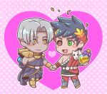  2boys :d astraea_f bangs black_hair black_sclera blush_stickers bottle chibi colored_sclera dark-skinned_male dark_skin greek_clothes green_eyes hades_(game) heart heterochromia holding_hands laurel_crown lowres male_focus mismatched_sclera multiple_boys parted_bangs polka_dot polka_dot_background red_eyes silver_hair skull smile thanatos_(hades) yaoi yellow_eyes zagreus_(hades) 