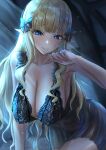  1girl absurdres blonde_hair blue_eyes blush breasts cleavage collarbone elf hanging_breasts highres large_breasts lingerie negligee pointy_ears princess_connect! saren_(princess_connect!) shaddoll_fusion smile solo sweat underwear 