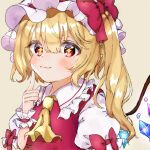  1girl ascot blonde_hair blush bow closed_mouth commentary_request crystal eyebrows_behind_hair flandre_scarlet frilled_shirt_collar frilled_sleeves frills hair_between_eyes hat hat_ribbon index_finger_raised light_brown_background looking_at_viewer medium_hair mob_cap nano_(nazuna0512) puffy_short_sleeves puffy_sleeves red_ribbon red_skirt red_vest ribbon shirt short_sleeves side_ponytail simple_background skirt smile solo sparkle sparkling_eyes symbol-shaped_pupils touhou vest white_headwear white_shirt wrist_cuffs yellow_ascot yellow_background 