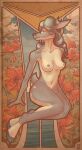  absurd_res anthro art_nouveau blue_body blue_fur blue_hair breasts cervid circumjacentity curled_hair female floral_background flower fur hair hi_res hooves lily_(flower) long_hair mammal nipples nude painted_background plant sea sitting sky smile solo water 