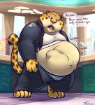  2017 4_fingers 4_toes abdominal_bulge anthro barefoot belly benjamin_clawhauser big_belly bottomwear bulge cereal_box cheetah chubby_anthro chubby_male claws clothed clothing dialogue digestion digestion_noises disney fangs feet felid feline fingers front_view fur hi_res holding_bottomwear holding_clothing holding_object holding_pants inside jacket looking_at_belly looking_down male mammal microphone navel necktie open_mouth overweight overweight_anthro overweight_male pants raised_tail shirt slightly_chubby soft_vore solo speech_bubble standing tanio text toe_claws toes tongue topwear underwear uniform vore zootopia 
